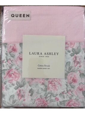 Laura Ashley ~ QUEEN ~ Pink Floral & Pinstripe 4 Pc. Sheet Set 100% Cotton